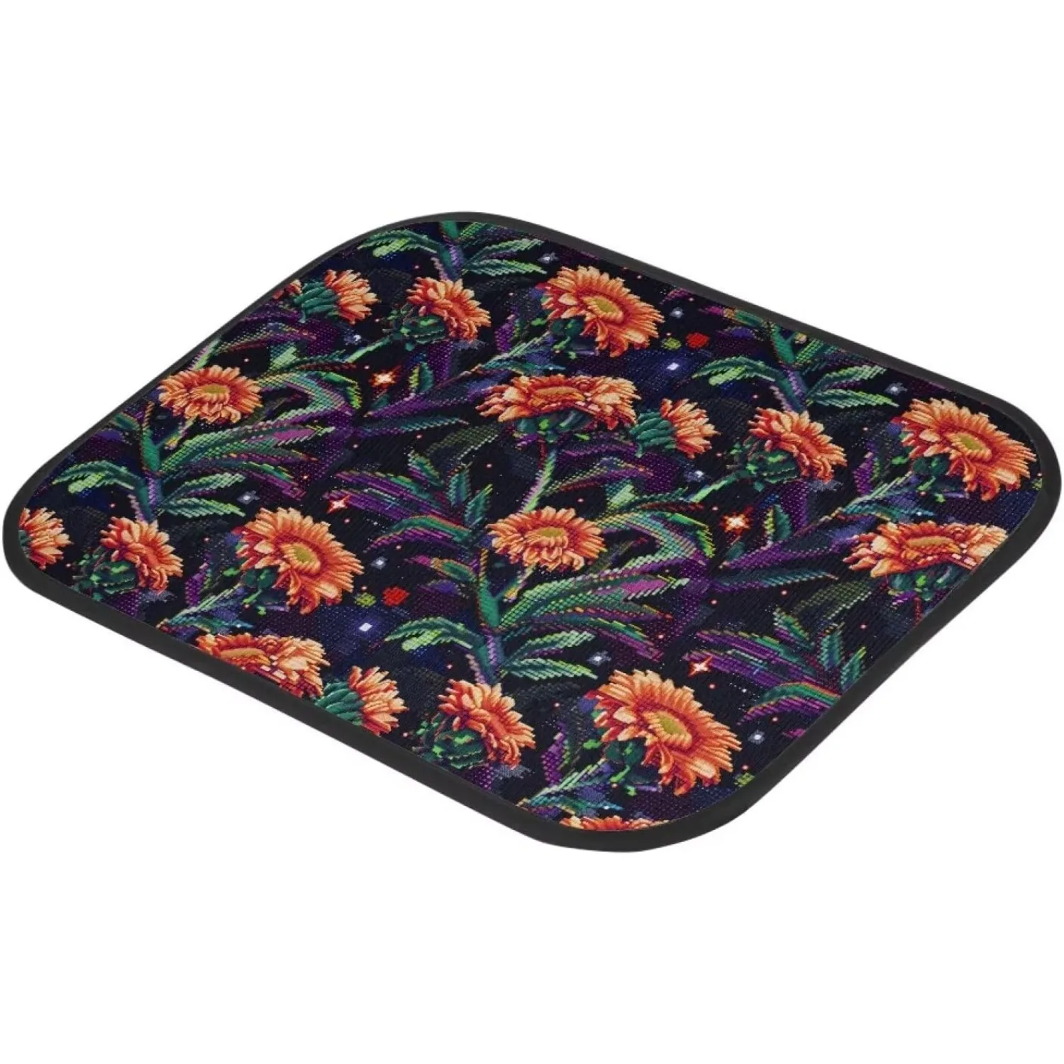 Set Of 4 Car Floor Mats With Pixel Orange Floral Design, Suitable For Front And Rear Use Featuring Various Pixel Patterns