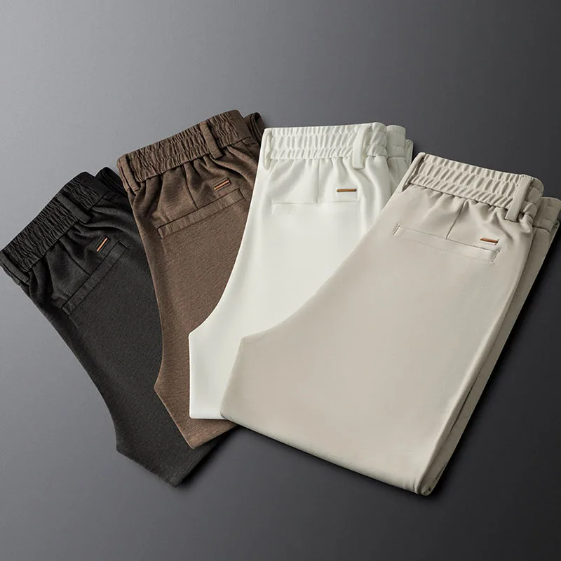 Light luxury men's casual pants with elastic waistband, stretch straight-leg fit, slim business zipper long trousers, breathable