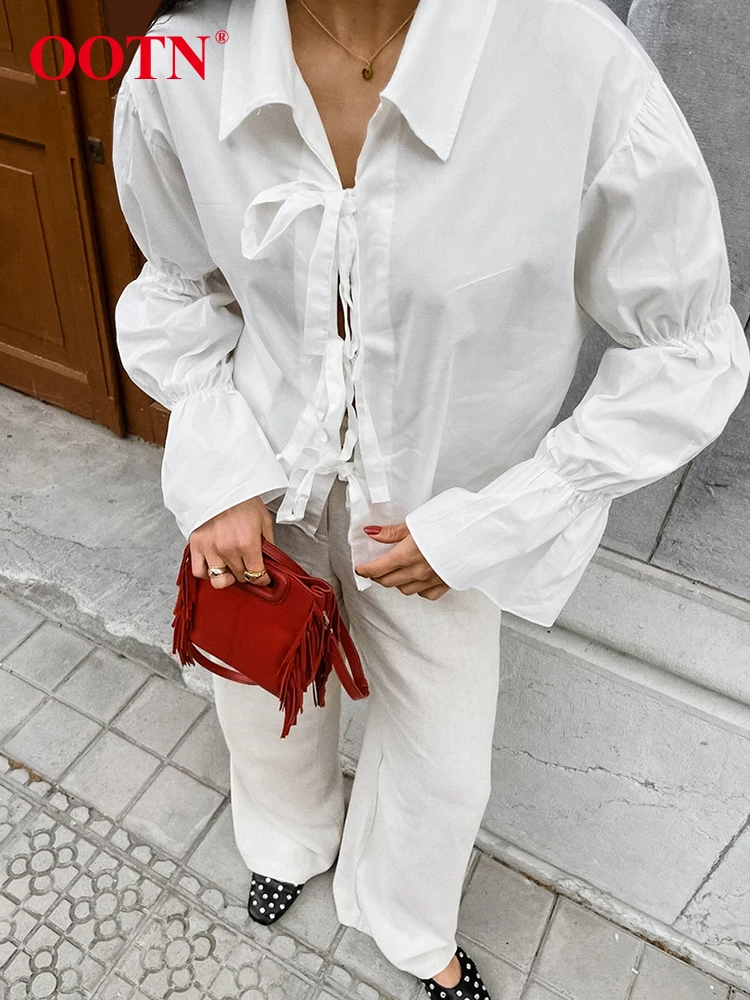 OOTN Chic Sleeves Pure Cotton Elegant Lace-Up Shirts Women Classic Lapel Ruched White Office Ladies Blouse And Tops Button Up