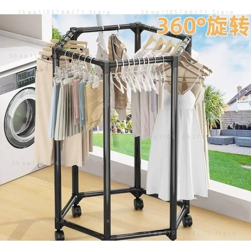 Hexagon Rotating Clothes Rack Double Tier Rolling Garment Stand With Brake Wheels Movable Clothing Drying Storage Rack