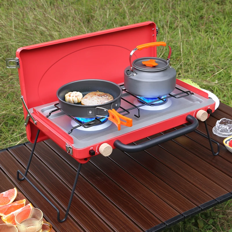 

Portable 2-Burner Gas Stove Lightweight Metal Butane Barbecue Grill Windproof Integrated Furnace for Camping and Picnics