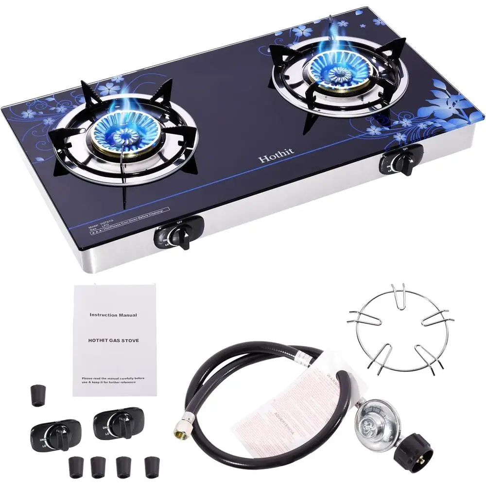 

Портативная двухконфорочная газовая плита на пропане, 28600 BTU, с автоматическим поджигом, из закаленного стекла, для кемпинга, барбекю на заднем дворе, путешествий на автодомах