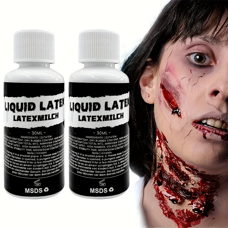 ชุดแต่งหน้าเอฟเฟกต์ฮาโลวีนแบบน้ำ 2 ชิ้น, ลาเท็กซ์ใส เหมาะสำหรับเอฟเฟกต์พิเศษ เช่น แผลเป็น รอยย่น และแผลไหม้ที่ดูสมจริง