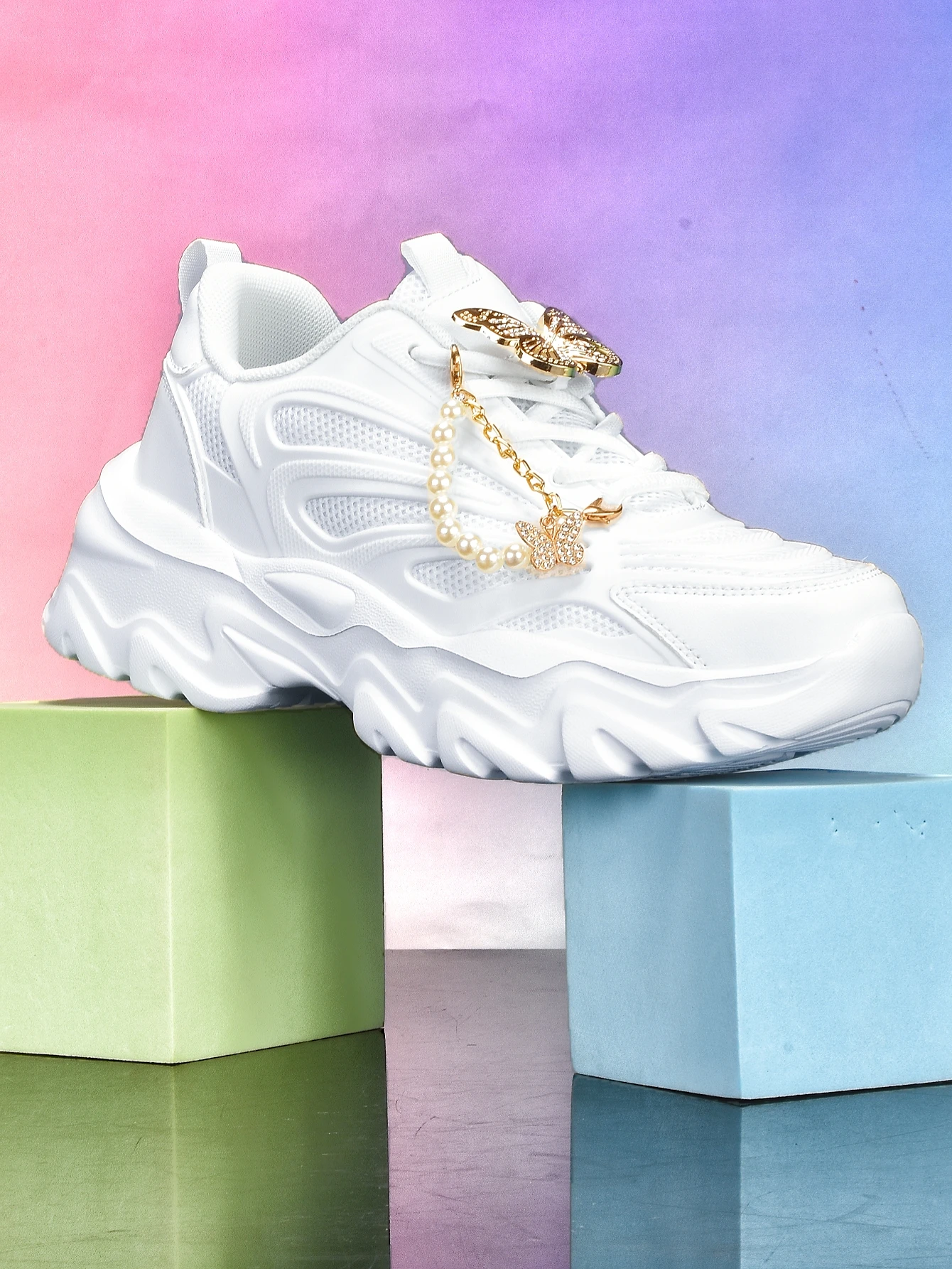 Women's Thick-Soled 5cm Height-Increasing Dad Shoes, Y2K Sweet-Cool Style, with Detachable Gold Butterfly Pearl Chain Decoration, Mesh Breathable Eva Irregular Sole, White Casual Sneakers, Trendy for Everyday Wear, Unique Design, Sweet Girl Style, Versatile for Students, Soft-Soled Comfortable Women's Shoes - view 4