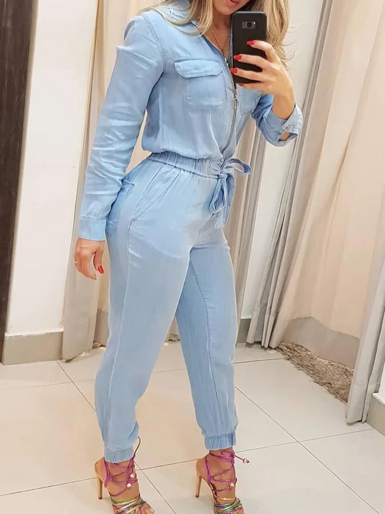 Zipper Pocket Design Jumpsuit Women Long Sleeve Slim Fit Lace Up Waist Rompers Jumpsuits Casual Overalls