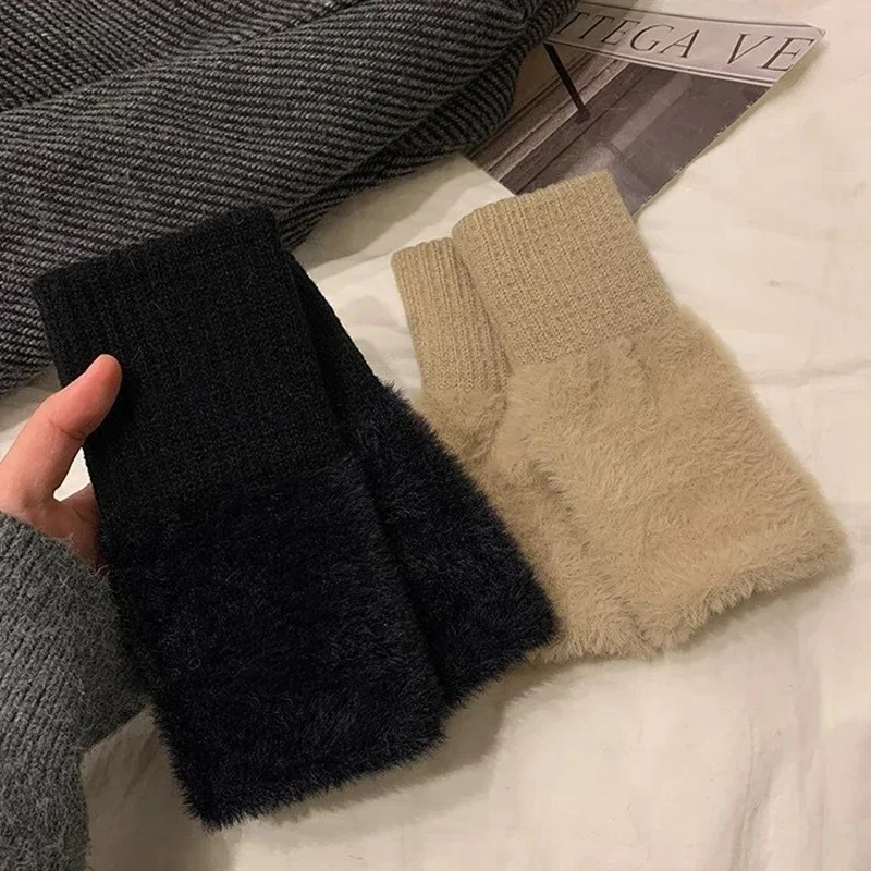 Cute Plush Half Finger Gloves for Women Warm Cold Proof Autumn Winter Office Versatile Fashion Comfortable Soft Touchscreen