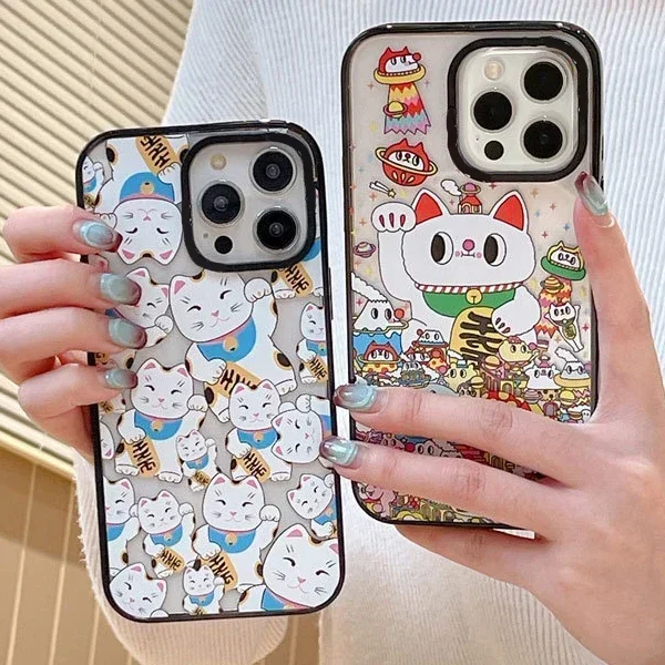 

2.0 Version Acrylic Upgrade Border Fortune Cat Phone Case Cover for IPhone 11 12 13 14 15 Pro Max Case for IPhone 15 Pro Max