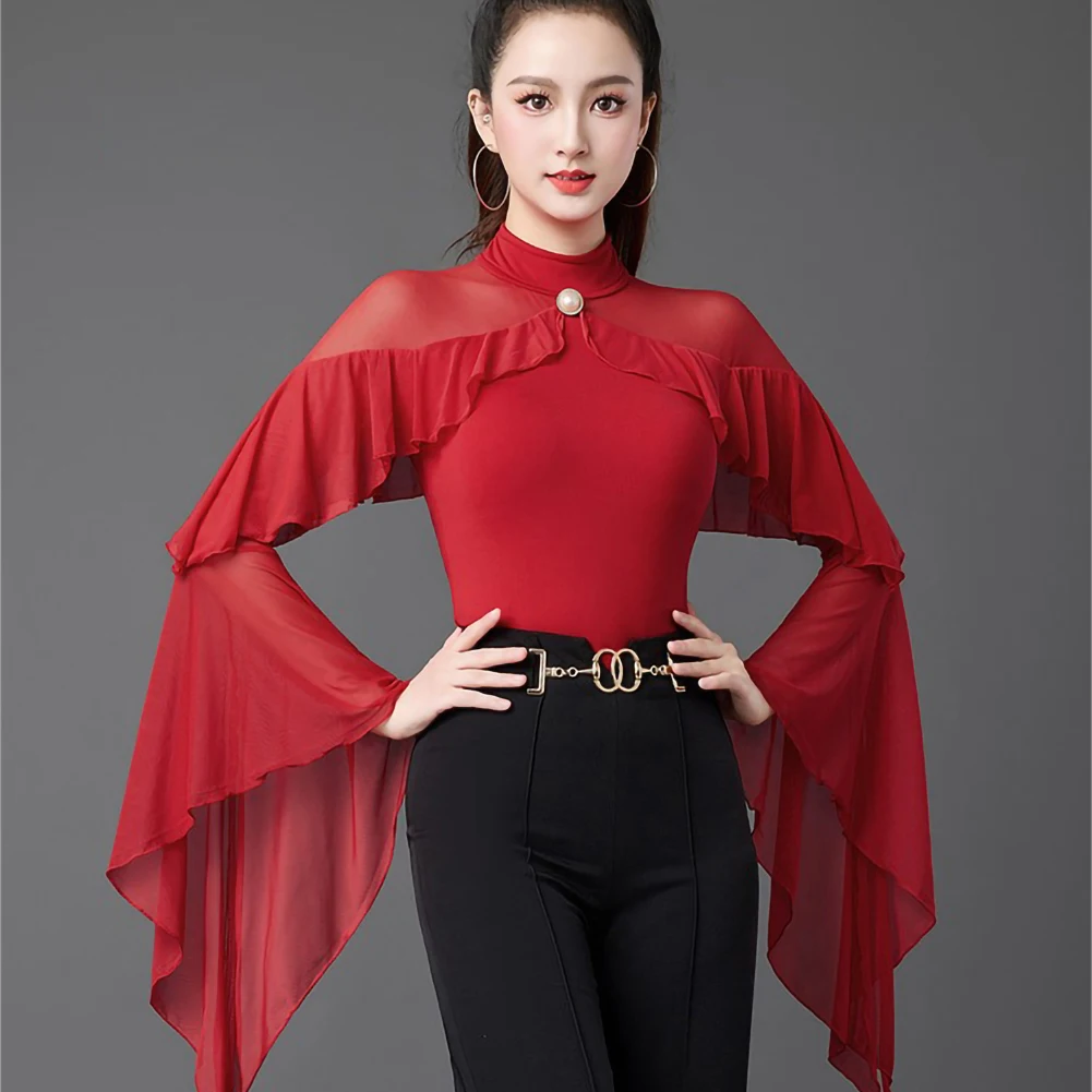 เสื้อแจ็คเก็ตเต้นรำบอลรูมสำหรับผู้หญิง สีแดงไวน์ กระดุมมุก สีเขียวเข้ม เสื้อแสดงโชว์ แขนยาว สง่างาม สำหรับเต้นวอลซ์ จั๊มสูทแต่งระบาย