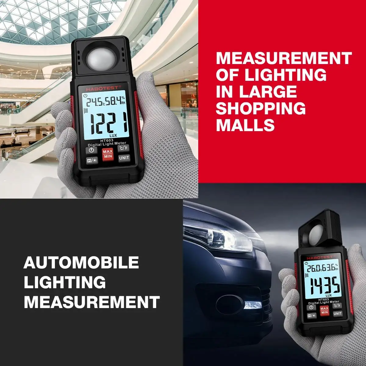 HABOTEST HT603 Light Meter 200000 Lux Digital Illuminance Meter with Ambient Humidity and Temperature Meter Lux Meter