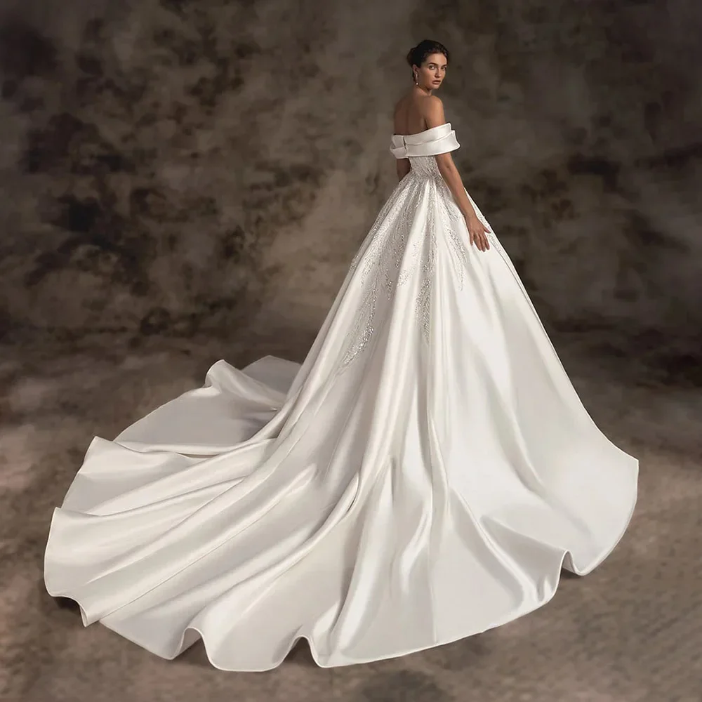 Off The Shoulder Wedding Dress 2024 Satin Beading A-Line Court Train Princess Bride Gown Customized Vestidos De Novia Hot Sale