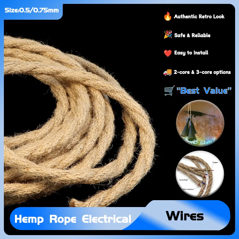 

Cable 2 Cores 3 Cores Hemp Rope Electrical Wire Twisted Retro Style Copper Vintage Braided Wire Pendant Light Lamp Cord 1~10m