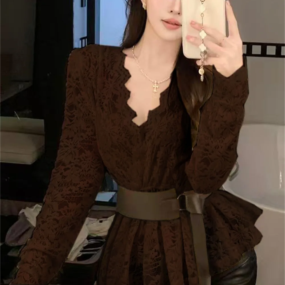 الخريف الشتاء الدانتيل irt V-ne لصق طويل Sve سليم صالح مربوط غير النظامية هملين Ele سيدة Sle لباس غير رسمي #3