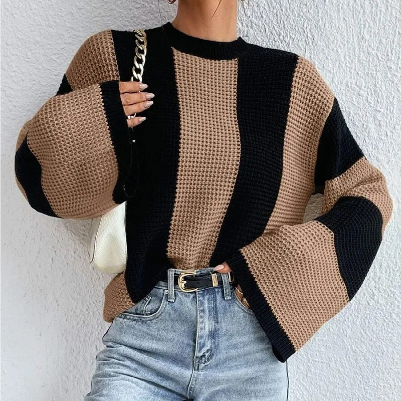 

New Knitted Sweater Women Tops Round Neck Striped Contrasting Colors Design Goth Sweater Jacket For Women's Clothing Outerwears