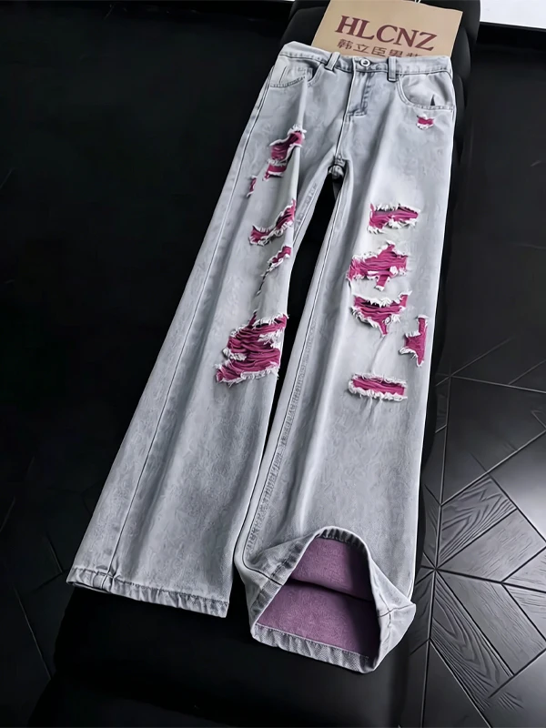 

Gray Blue Men's Jeans Summer Wear Worn out Design Cuffed Straight Leg Trousers Vintage Style Casual Cotton Denim Jeans