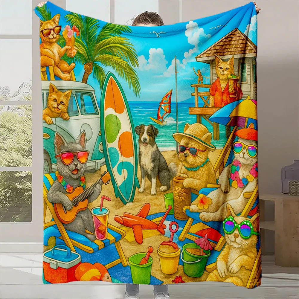 1pc Plush Cat & Beach-Themed Flannel Blanket - Turquoise Blue with Multicolor Surfing Kittens, Palm Trees & Hawaiian Shirts