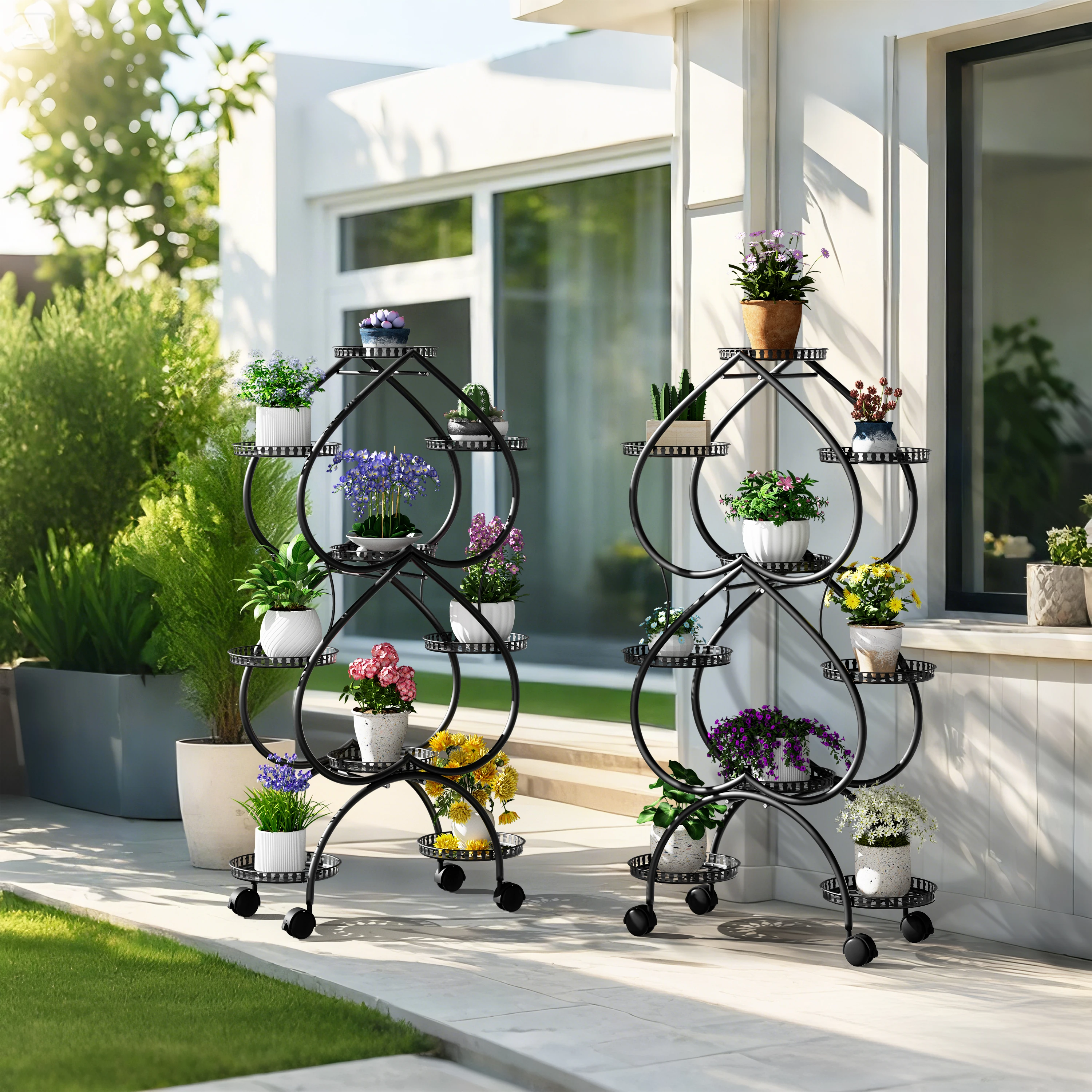 9 صينية حامل نباتي معدني حامل وعاء الزهور السوداء مع عجلات للأماكن الداخلية والخارجية