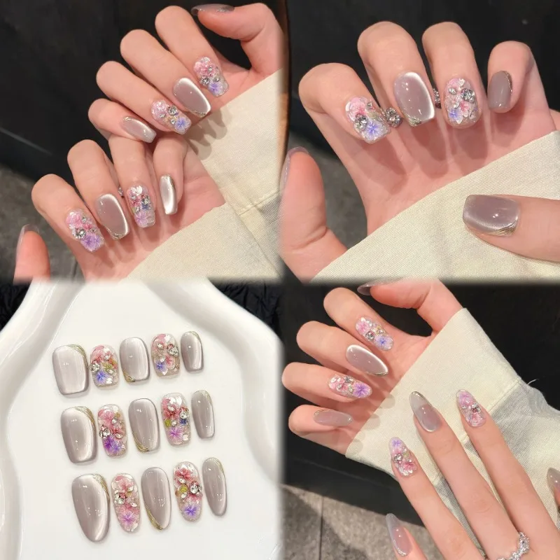 

10 шт., квадратные накладные ногти ручной работы «кошачий глаз», короткие средние накладные ногти, розовый, фиолетовый цветок, корейские кончики ногтей, ногти на пальцах