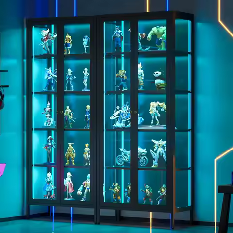 5 Tier Glass Display Cabinet with 12 Color LED Lights, 67" Lighted Curio Cabinet with Glass Doors &amp; Adjustable Shelves, Tall Met