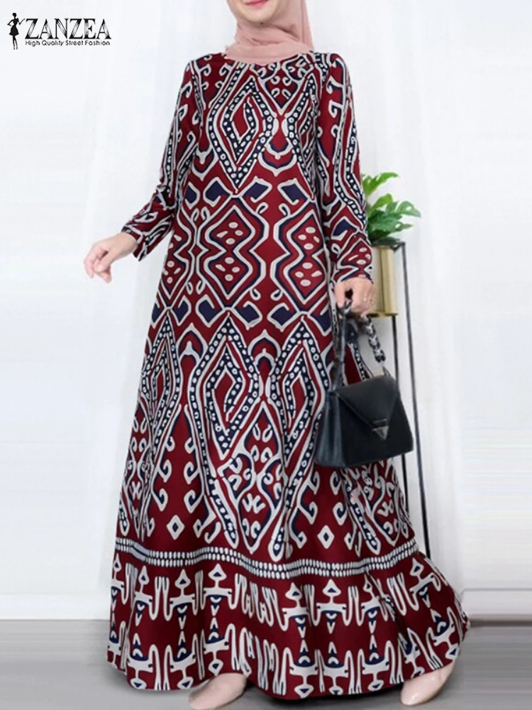 

ZANZEA 2022, осеннее модное платье с цветочным принтом, женский богемный сарафан с длинными рукавами, мусульманский халат Абая, женский турецкий хиджаб, Vestido