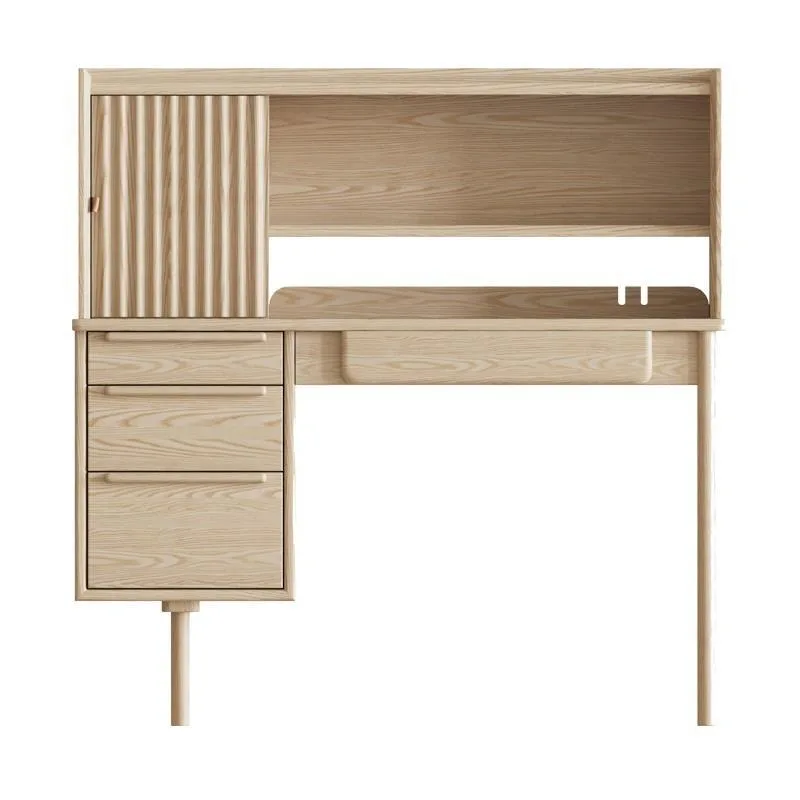 Ash wood all solid wood desk bookshelf integrated study workbench, makeup storage Japanese log writing computer desk
