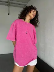 T Shirts Women 2024 Summer New Printing Washed Rose Red Vintage Loose Casual Oversized T Shirt