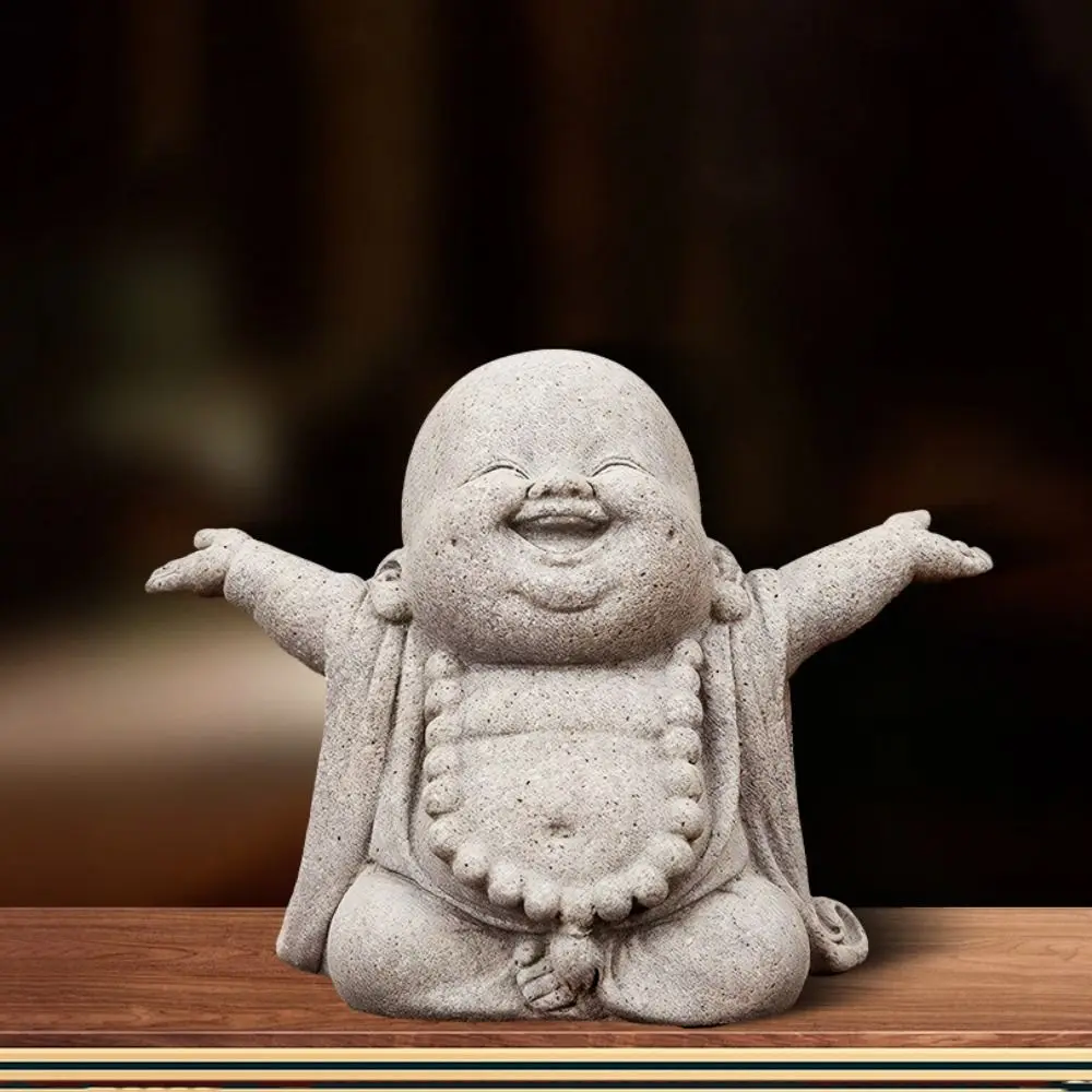 Chinese Style Fat Smiling Buddha Ornament Green Sandstone Cartoon Little Monk Ornament Hand Carved Buddha Statue