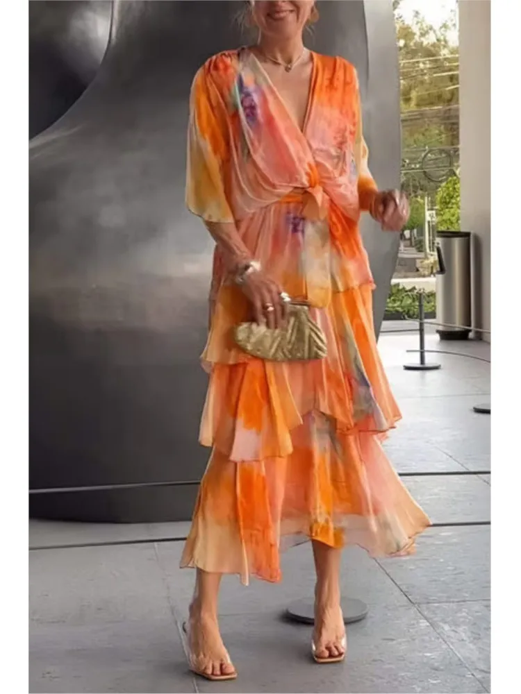 Feminino elegante chiffon impressão em camadas vestidos de festa irregulares 2025 verão moda profundo decote em v meia manga rendas vestido longo