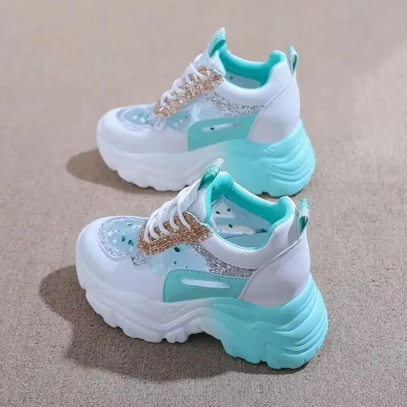 Glam Sporty Best - Selling White & Mint Green Chunky Dad Sneakers, Glitter & Mesh Detail, Ideal for Daily & Party