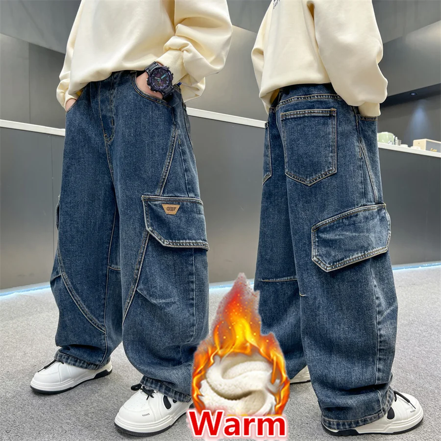 

Elegant Children Boy Warm Thermal Cargo Jeans With Pocket Winter Trousers with Fleece Lined Thick Insulated Denim Pants 5-14 Y