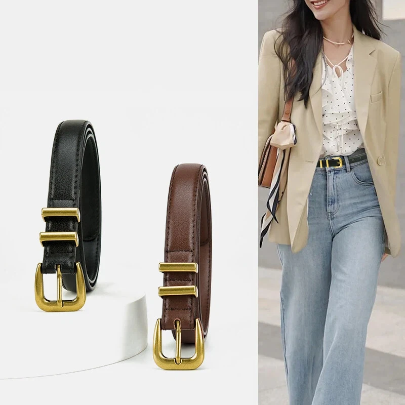 

Дизайнерский женский кожаный ремень Уникальный узкий ремень с пряжкой золотого цвета, нишевые высококачественные ремни для женских классических джинсовых брюк