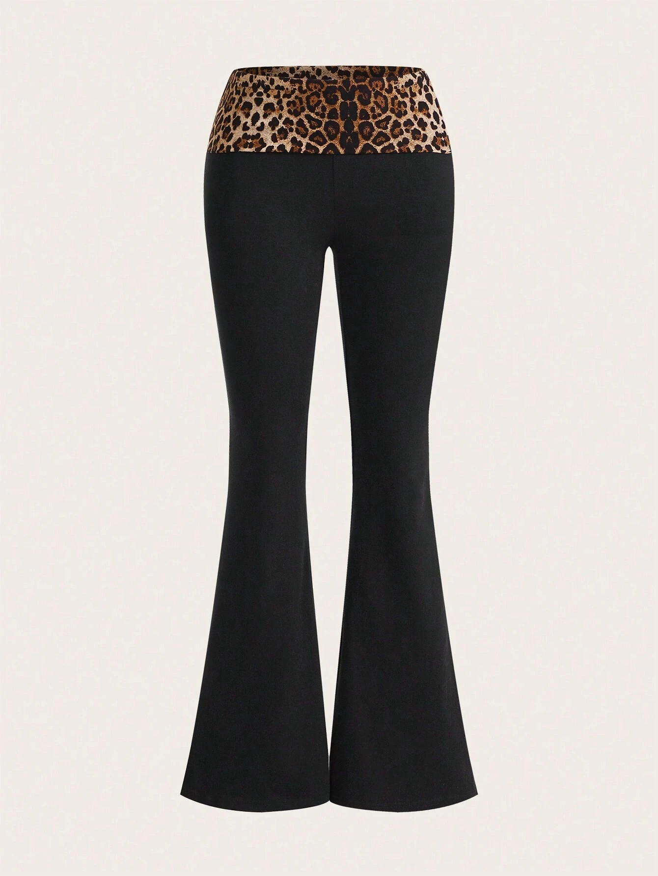 Leopard Print Splice Flared Leg Pants, Elegant Slim Mid Waist Pants, Women's Clothing