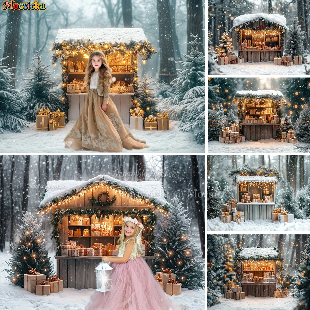 

Christmas Snowy Forest Background Photography Wooden Gift Booth Backdrop Glitter Lights Decor Winter Wonderland Kids Photozone