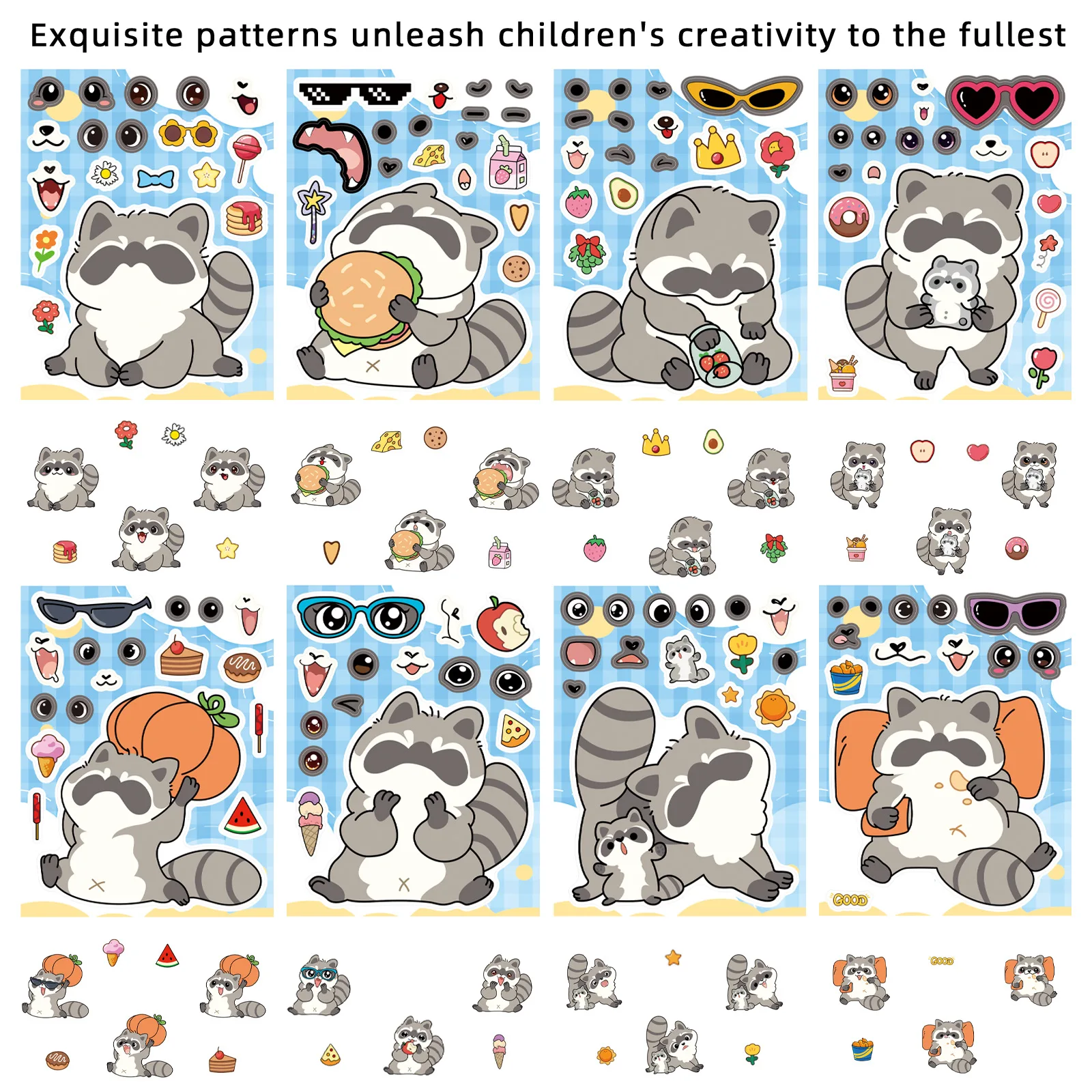 8 Sheets Cute Raccoon Make-A-Face Stickers, DIY Cartoon Waterproof Decals for Laptop Water Bottle Scrapbook Decor
