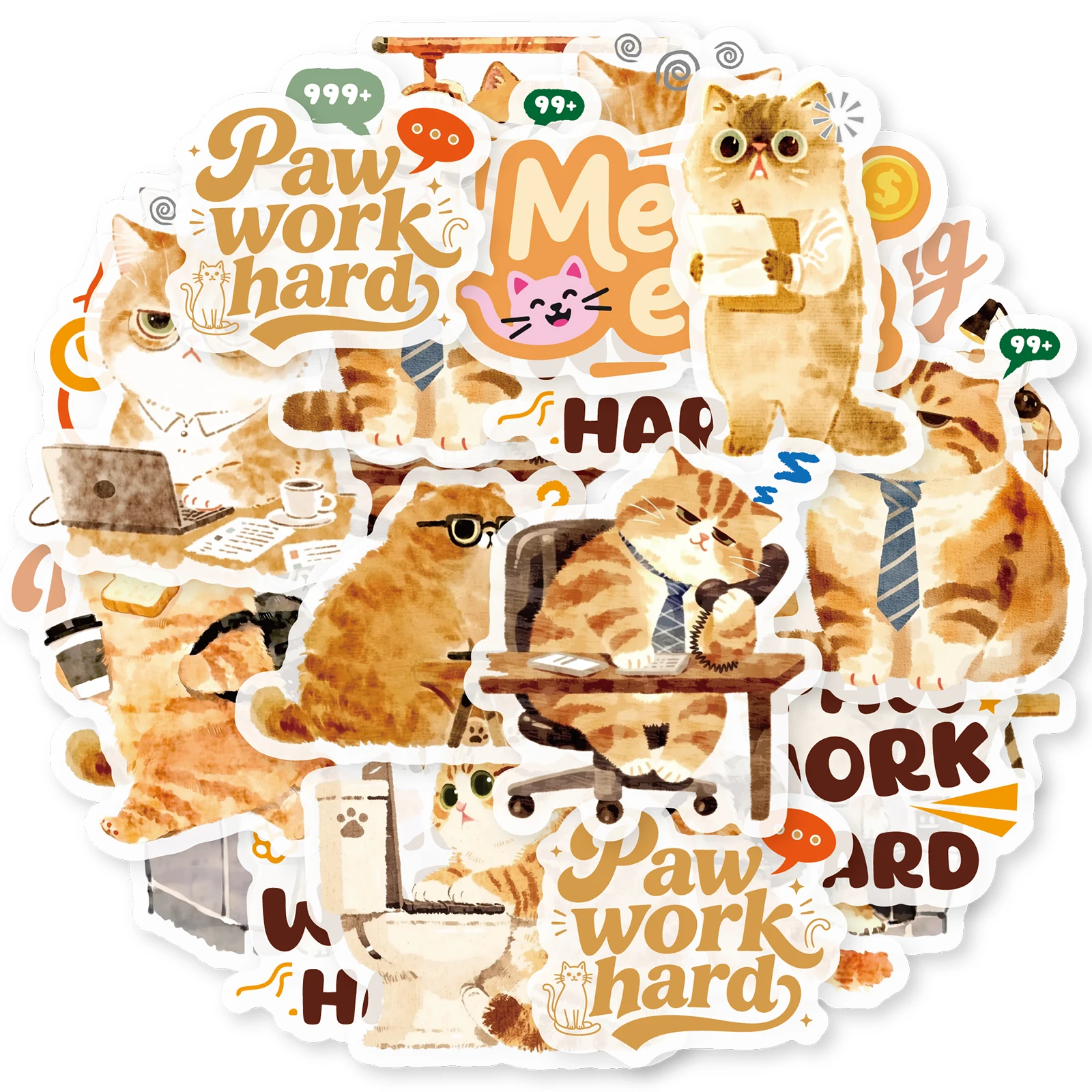Etori Life 15Pcs Working Fat Orange Cat Watercolor Pet Stickers for Office Workers, Cat-Themed Journal Collage Materials Suitable for Laptops, Phone Backs, Handbags, Photo Albums, Diaries, Pencil Cases, Pen Holders, Budget Books, Notepads, Handmade Scrapbook Supplies, Office Decorative Accessories, Student Gift Paper Bags, School Supplies, Back-To-School Season, Cycling Decals