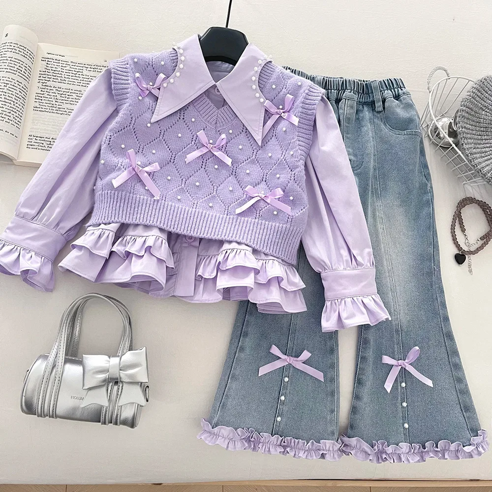 

Комплекты одежды для девочек, весна-осень 2026 г., детский вязаный жилет, рубашки, джинсовые штаны, костюм принцессы из 3 предметов, модная детская одежда для детей 6, 7 лет