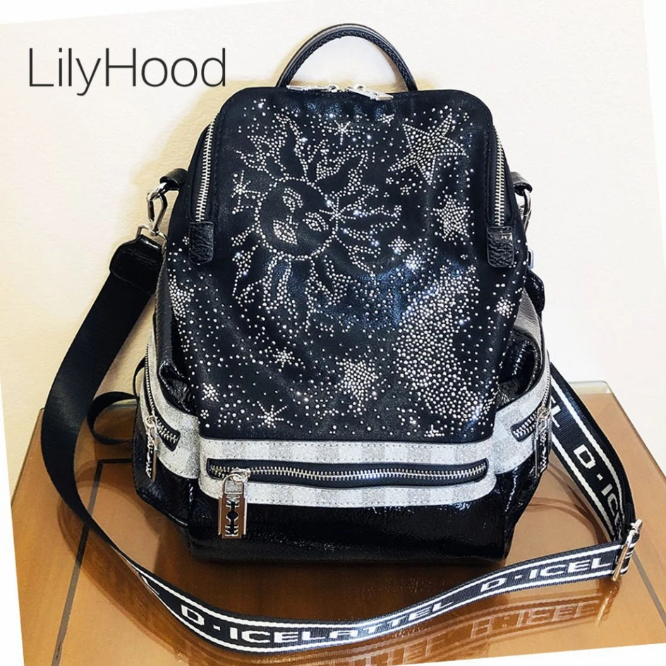 

Female Trend Shiny Rhinestone Big Capacity Multi Pockets Black Backpack 90s Fashion Glitter Stylish College Travel Book Bagpack