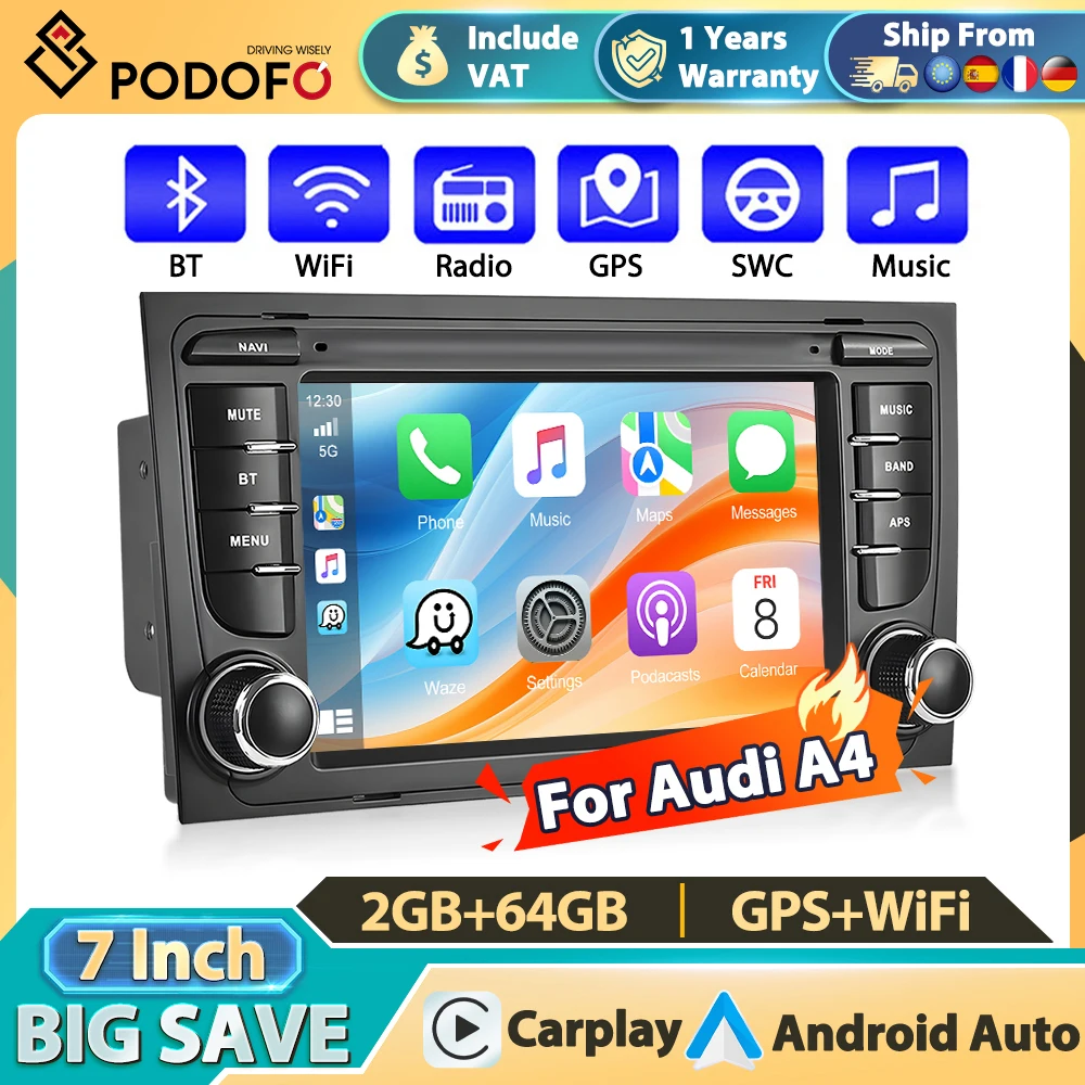 Podofo 2Din Android Carplay Inteligentny System Samochodowy dla Audi/A4/B6(8E/8H) Android Auto Car Audio GPS Nawigacja Mirror Link FM