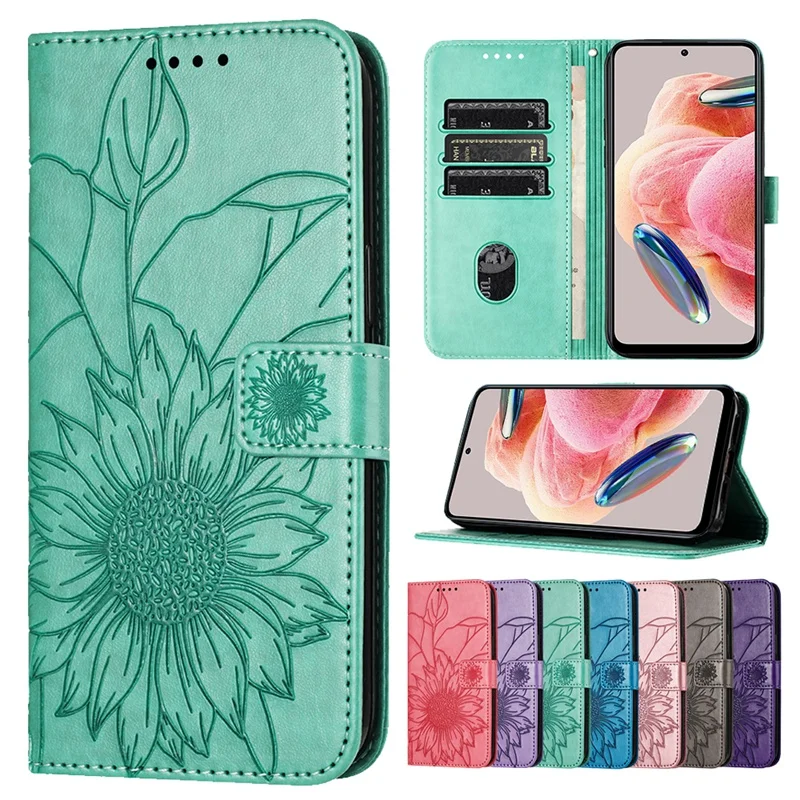 Embossed Sunflower PU Leather Flip Cover for Xiaomi Redmi Note 12 12S 11 10 9 8 Pro Redmi 12 12C 10C 10A 10 9C 9A 9 Wallet Case