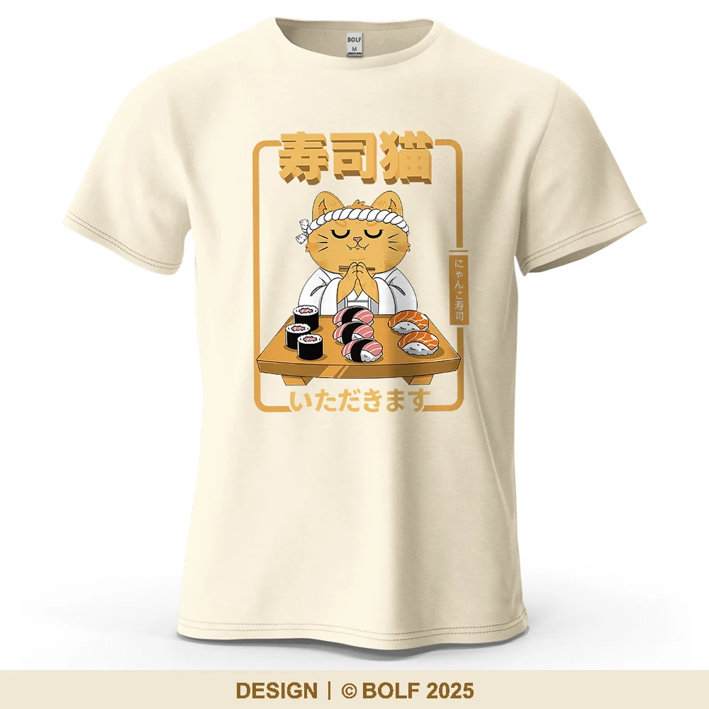 Sushi Cat Art Niedliches bedrucktes Herren-T-Shirt aus 100 % Baumwolle, übergroße Sushi-Themen-Grafik für Damen und Herren, Tops, T-Shirts, Streetwear
