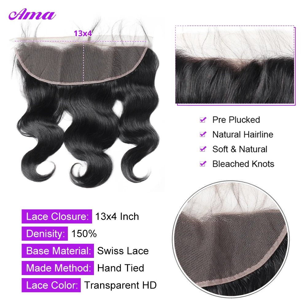 28 30Inch Body Wave Human Hair Bundles with  Frontal Peruvian Hair Bundles with Frontal  Remy 100% Human Hair Extension