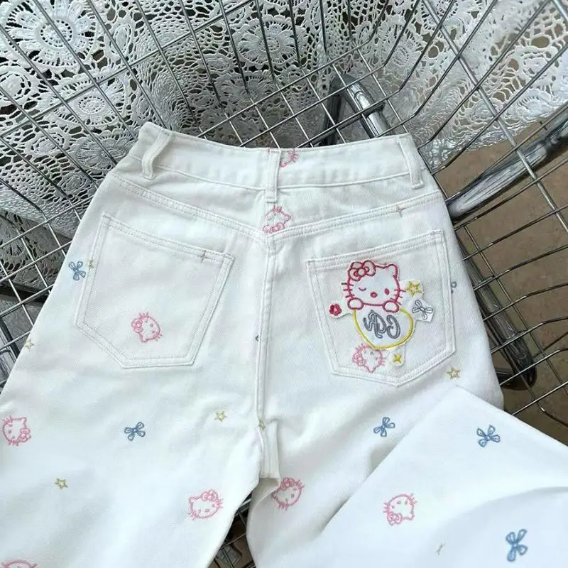 Sanrio Kawaii กางเกงยีนส์ Hello Kittys ฤดูร้อนกางเกงขากว้างสาวน่ารักตรงสไตล์ใหม่หวานหลวมสบายๆสบายๆการ์ตูน Retro