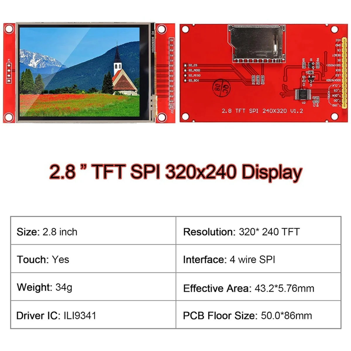 AT16 2.8Inch ILI9341 SPI TFT LCD Display Touch Panel 320X240 TFT LCD Touch Screen 5V/3.3V STM32 Display Module with Touch Pen