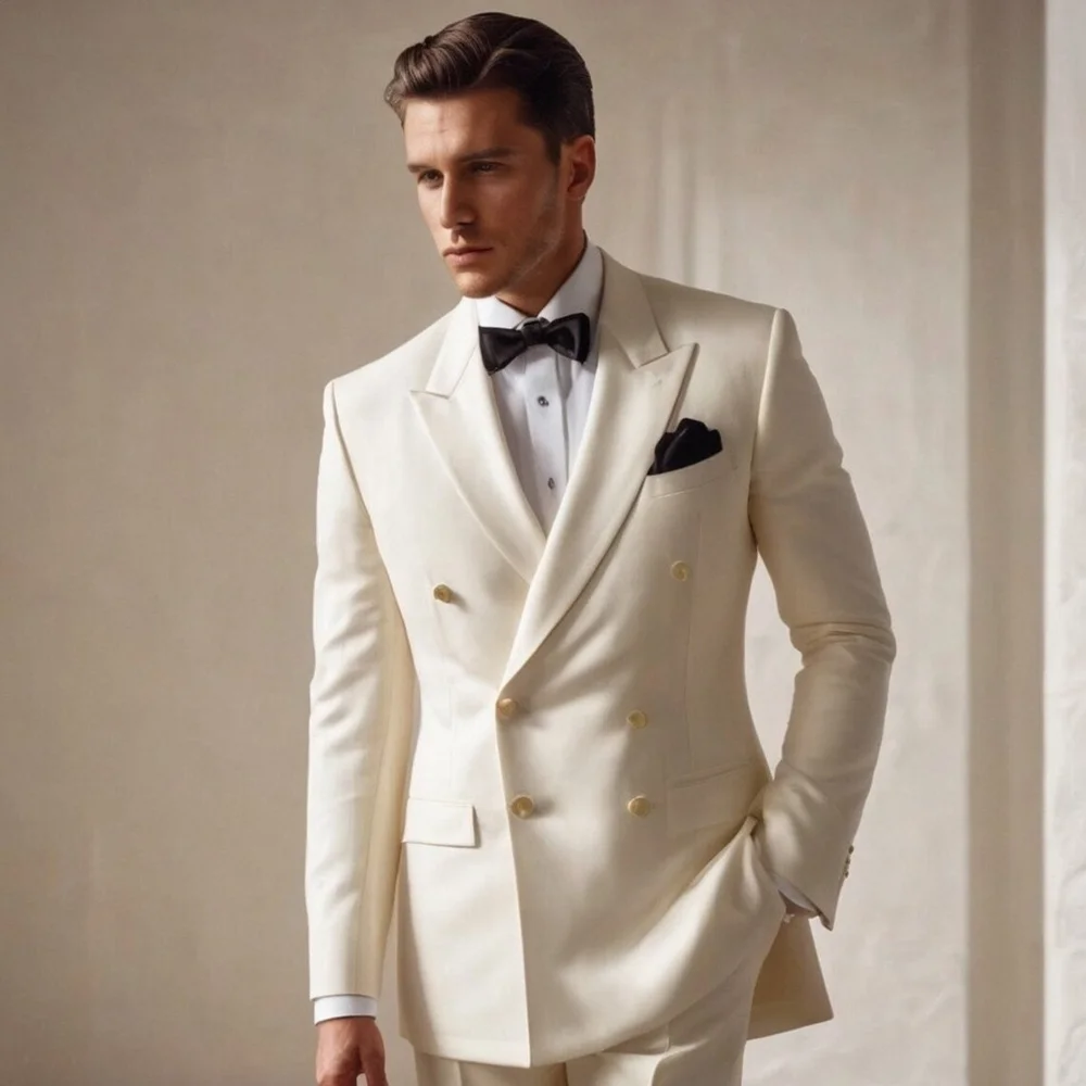 

Ivory Men Suits 2 Piece Fashion Peak Lapel Double Breasted Tuxedo Party Groom Wedding Formal Smart Casual Costume Homme 2024