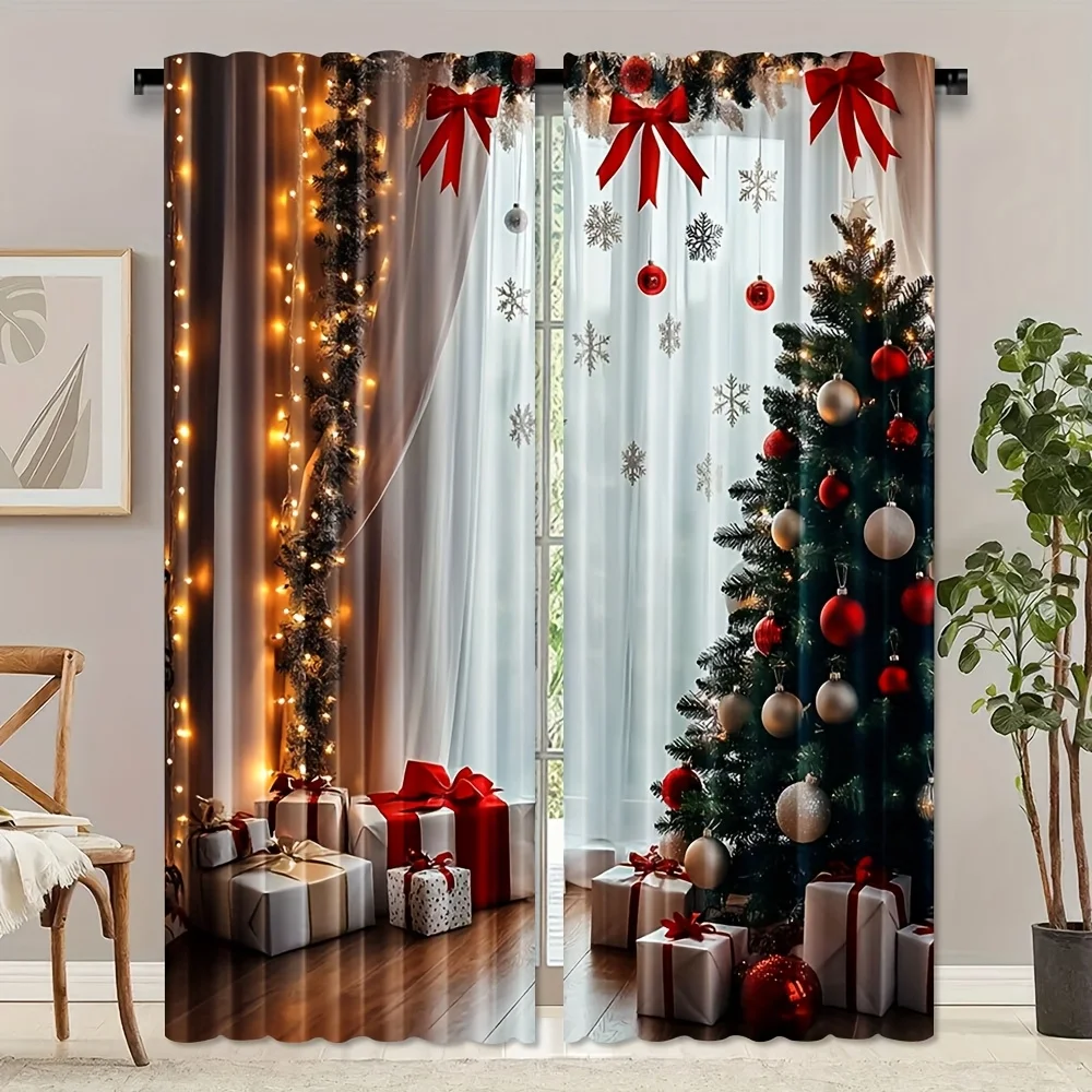 Christmas Bow Tree Curtains 2pcs, Rod Pocket Polyester Machine Washable for Living Room Bedroom Holiday Doorway Decor