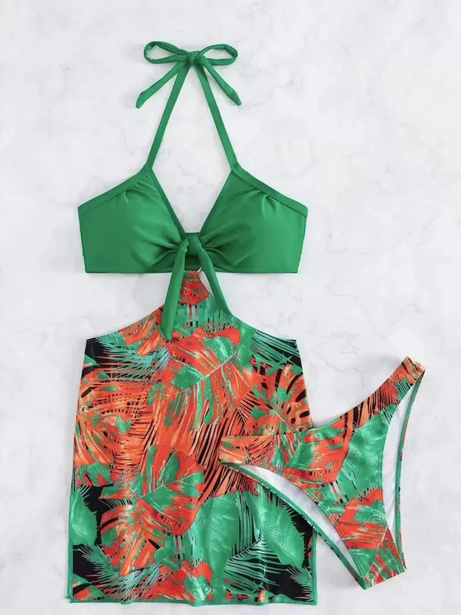 Ensemble de bikini de style jupe à bretelles pour femmes, maillots de bain sexy, imprimé floral, anneaux de créateur, couverture de maillot de bain,