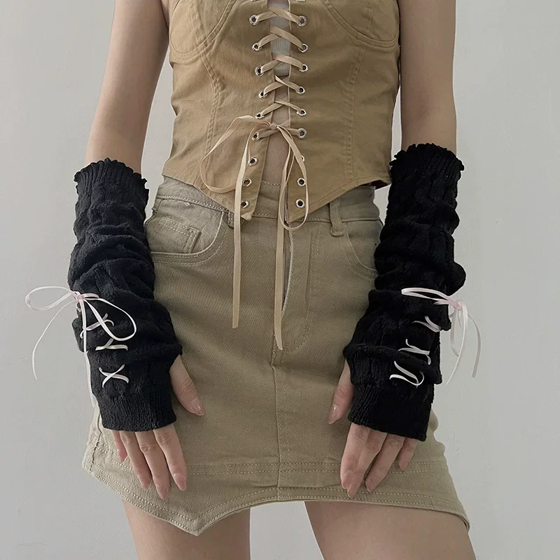 Schwarz-weiße Y2K-Fingerlose lange Handgelenk-Handschuhe, gestrickte Armstulpen, falsche Ärmel, halbe Fingerabdeckungen für stilvolle Wärme