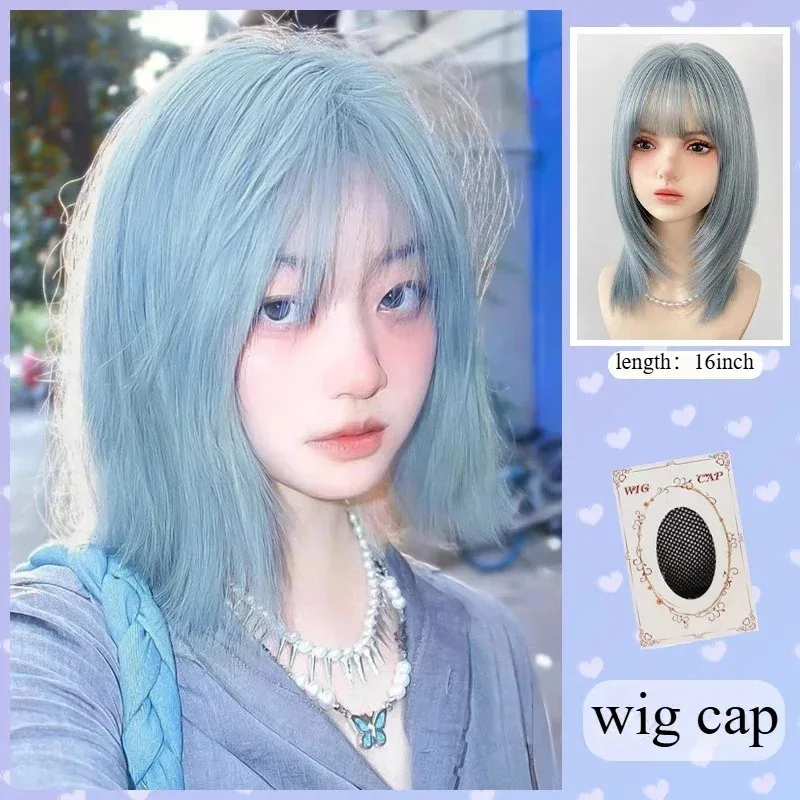 Ashely الأزرق شعر مستعار قصير الإناث الشيخوخة الصيف قسم رقيقة من بوب اليابانية الطبيعية لا أثر محاكاة الشعر شعر مستعار اصطناعي