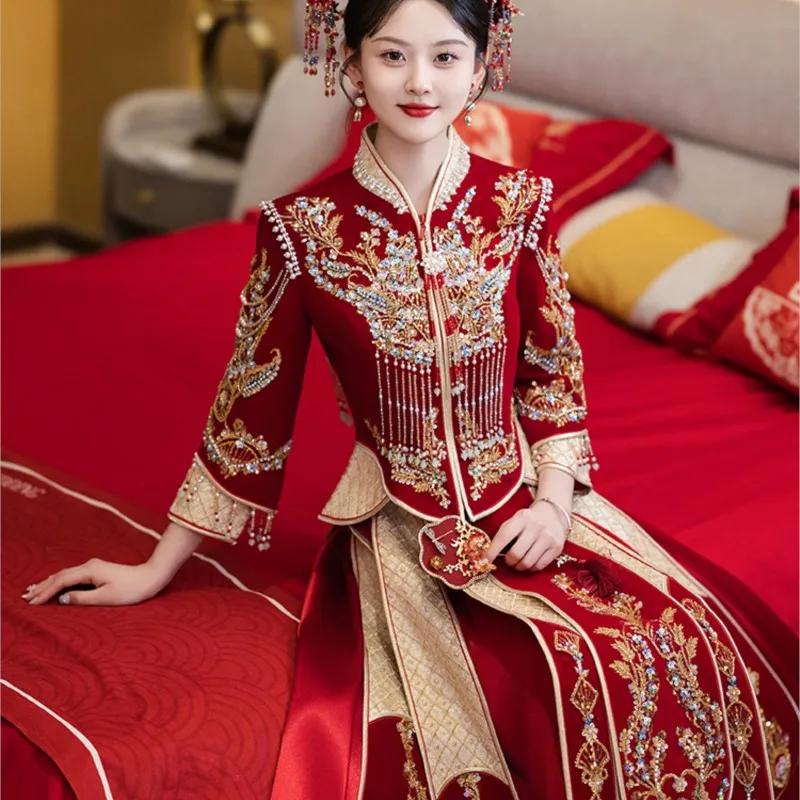 

New heavy industry wedding dress Chinese-style dragon and phoenix gown for toasting