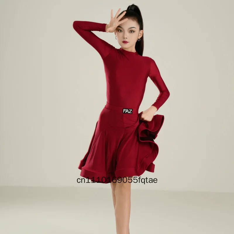 Girls Premium Latin Dance Dress For Kids Professional Competition Costume Flowing Big Swing Skirt Set Children Exam Performance