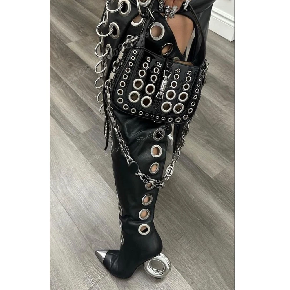 Black Metal Round Rings Design Over the Knee Boots Strange Style Heel Pointed Toe New Women Shoes 2024 Sexy Zapatos Para Mujere